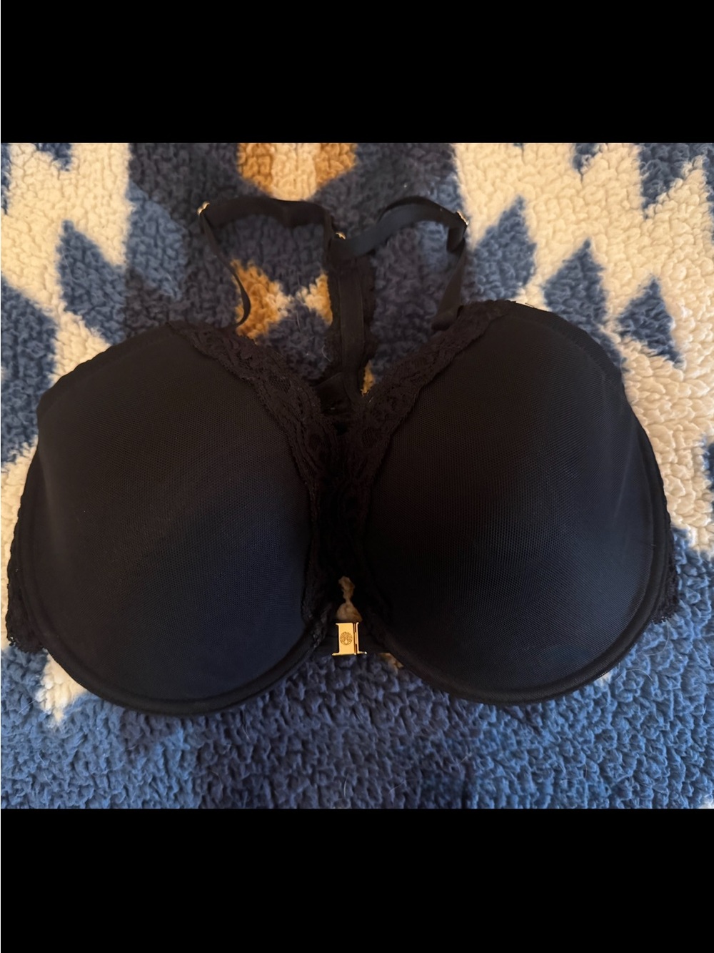 Natori Black Lace Trim Push-Up Bra with Center Gold Accent